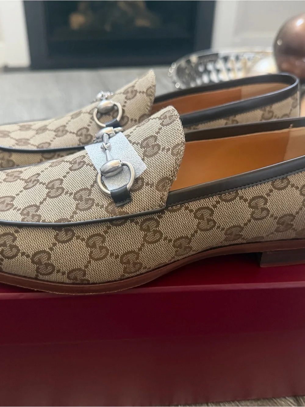 Gucci Beige & Brown Monogram Canvas Horsebit Slip-On Loafers